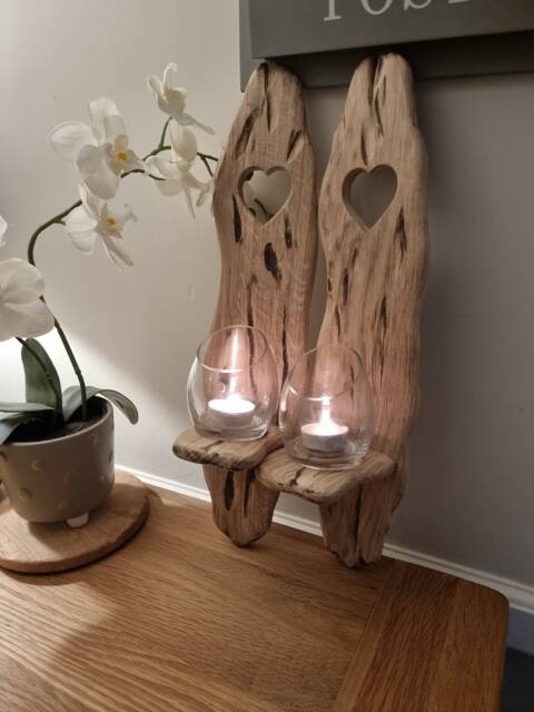 Pair Solid Oak Handmade Rustic Candle Sconces With Heart Cut Out Detail. Candles/Glass Not Included - image 1