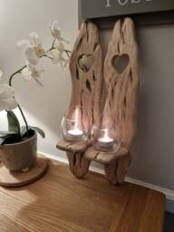 Pair Solid Oak Handmade Rustic Candle Sconces With Heart Cut Out Detail. Candles/Glass Not Included