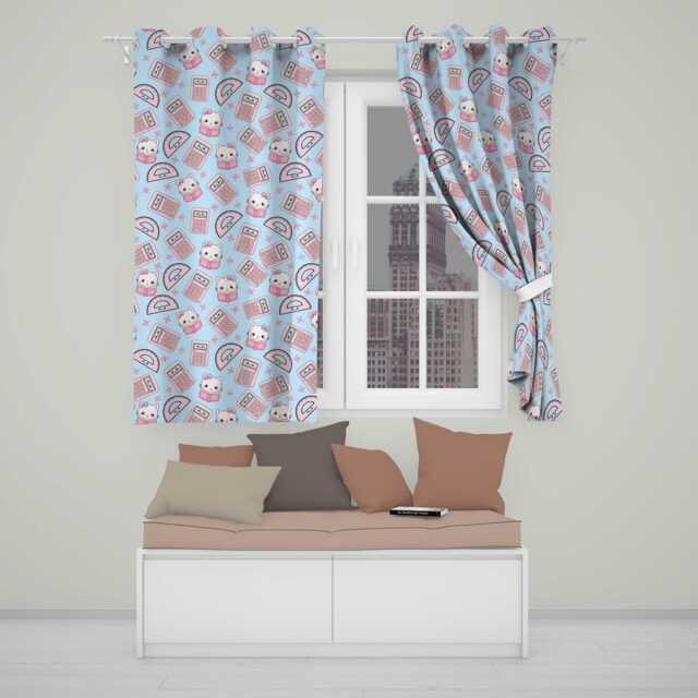 Cute Kawaii Maths Cat Calculator Ruler Blue Seamless Pattern Readymade Eyelet Ring Top Thermal 100% Blackout Curtains - image 1
