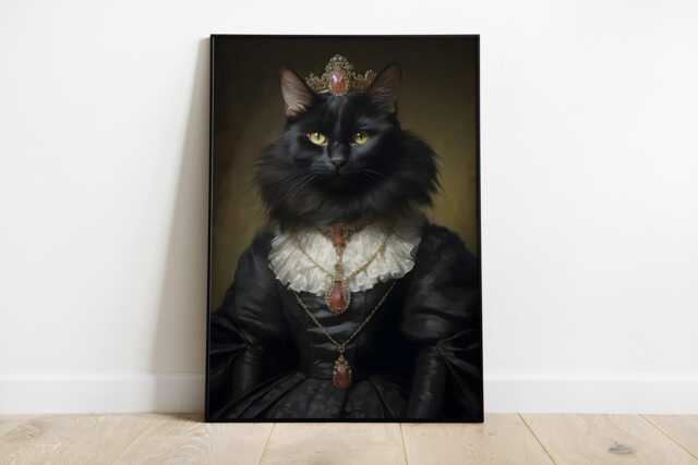 Victorian Black Cat Queen Art Print - Royal Pet Portrait - image 1