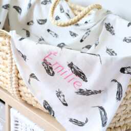 Feather Personalised Baby Blanket, Sensory Large Bamboo Muslin Swaddle Embroidered Blanket For Newborn, With Name - thumbnail 1