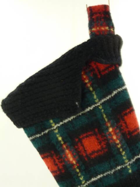 Christmas Stocking Wool Felt Plaid Red Green Black Yellow Cambridge Dry Goods Sweater Ooak Leather Buttons Recycled Repurposed Upcycled 947 - image 1