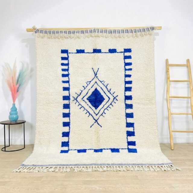 Moroccan White & Blue Berber Rug, Boho Nursery Handwoven Wool Shag Authentic Beni Ourain Carpet, Large Area Rug - image 1