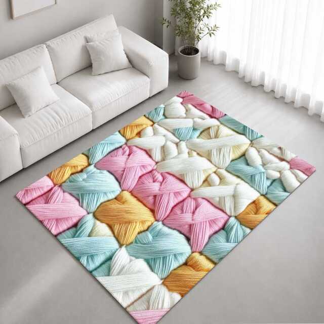 Pastel Satin Yarn Patchwork Weave Rug Non-Slip Soft Area Carpet Bedroom Living Room Hallway Mat Decor - Made in UK - image 1