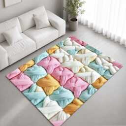 Pastel Satin Yarn Patchwork Weave Rug Non-Slip Soft Area Carpet Bedroom Living Room Hallway Mat Decor - Made in UK - thumbnail 1