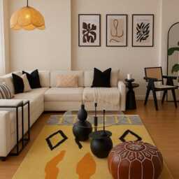 Handmade Yellow Beni Ourain Rug Moroccan Sheep Wool, Abstract Design - thumbnail 2