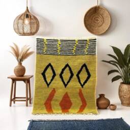 Handmade Yellow Beni Ourain Rug Moroccan Sheep Wool, Abstract Design - thumbnail 1