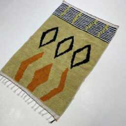 Handmade Yellow Beni Ourain Rug Moroccan Sheep Wool, Abstract Design - thumbnail 3