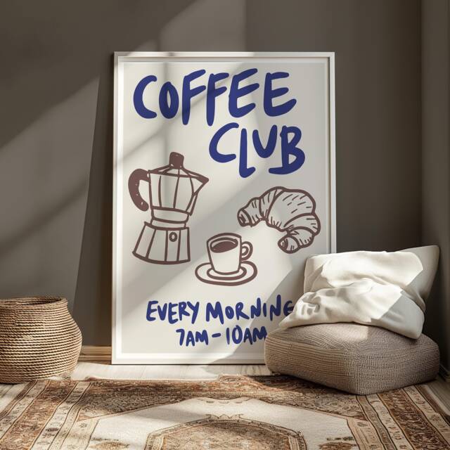 Coffee Club Print Poster, Wall Art, Retro Trendy Art Kitchen Prints, Decor Food Neutral 2581 - image 1