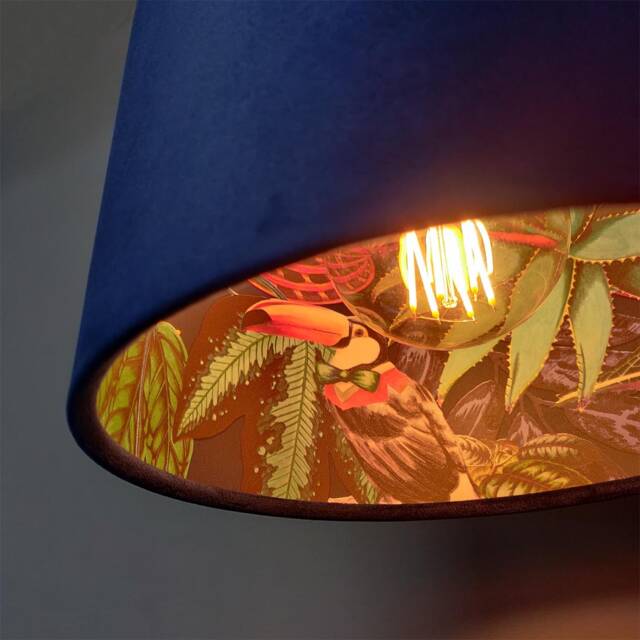 Navy Blue Velvet Lampshade With Tropical Wonderland Lining, Large Ceiling Lightshade - image 1