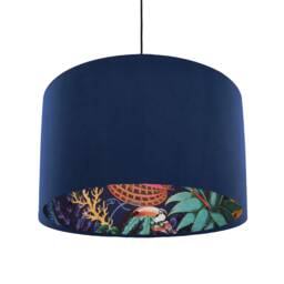 Navy Blue Velvet Lampshade With Tropical Wonderland Lining, Large Ceiling Lightshade - thumbnail 2