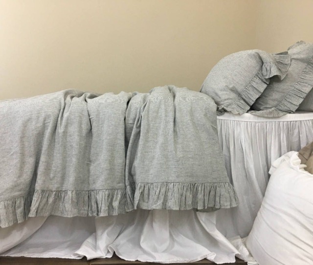 Subtle Black & White Ticking Stripe Ruffle Linen Duvet Cover Features Easy Flow Ruffles, Shabby Chic Bedding, Bedding - image 1
