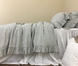 Subtle Black & White Ticking Stripe Ruffle Linen Duvet Cover Features Easy Flow Ruffles, Shabby Chic Bedding, Bedding