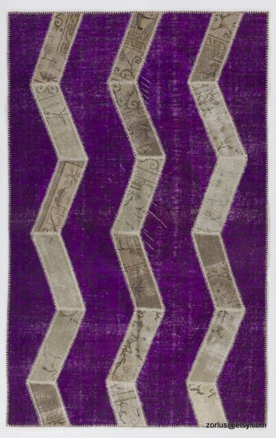 Purple Zigzag Patchwork Rug Hand-Knotted Turkish Wool - 5' X 8' - image 1