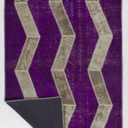 Purple Zigzag Patchwork Rug Hand-Knotted Turkish Wool - 5' X 8' - thumbnail 2