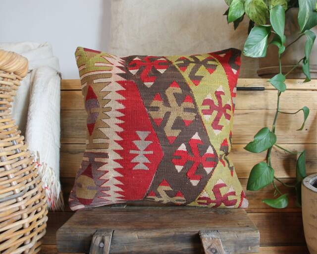 Vintage Kilim Pillow Cover - 16 Inch Slit Weave, Handwoven - image 1