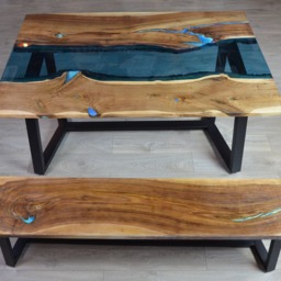 Live Edge River Dining Table With Bench & Glowing Resin Fill In - thumbnail 3