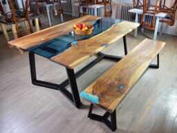 Live Edge River Dining Table With Bench & Glowing Resin Fill In - thumbnail 1