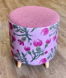 Thistle Velvet & Pink Harris Tweed Footstool With Tiny Wooden Legs - thumbnail 1