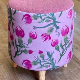 Thistle Velvet & Pink Harris Tweed Footstool With Tiny Wooden Legs - thumbnail 2