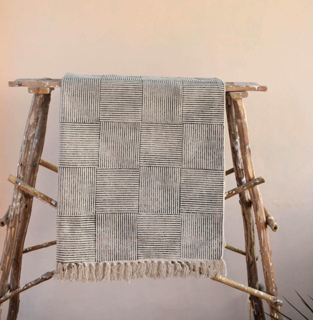Large Block Printed Cotton Dhurrie Rug, Bohemian Decor - 9x12 Ft - image 1