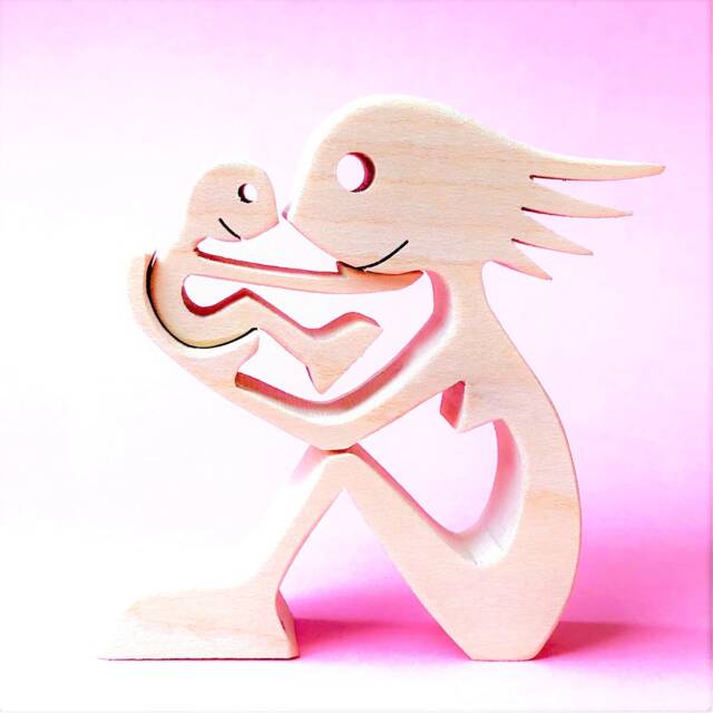 A Woman & A Child Original Wooden Sculpture, 2.5D, Interior Decoration