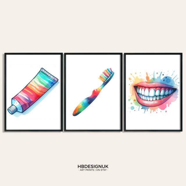 Dentist Wall Art Print Set - 3 Posters - Dental Office Decor Colourful Orthodontic Clinic Watercolour Prints Teeth Hygiene Gift - image 1