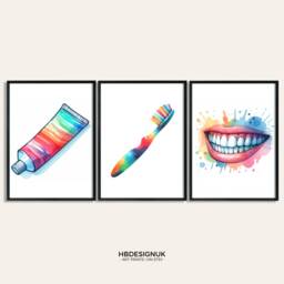 Dentist Wall Art Print Set - 3 Posters - Dental Office Decor Colourful Orthodontic Clinic Watercolour Prints Teeth Hygiene Gift - thumbnail 1