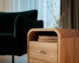 Wood Bedside Table in Natural Oak, Nightstand With Soft Closing Drawers, Art Deco Table, Bedroom Storage, Console End - thumbnail 1