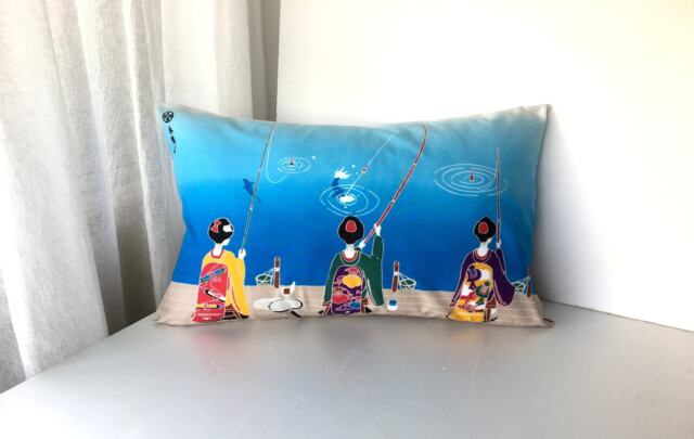 Geisha Pillow Case, Japanese Girls Fishing Cover, Throws Bed Accent Cushion Fish Lovers Gift - image 1