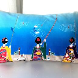 Geisha Pillow Case, Japanese Girls Fishing Cover, Throws Bed Accent Cushion Fish Lovers Gift - thumbnail 3
