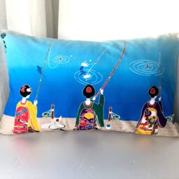 Geisha Pillow Case, Japanese Girls Fishing Cover, Throws Bed Accent Cushion Fish Lovers Gift - thumbnail 2