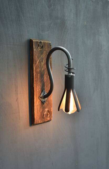 Rustic Wall Lamp, Wood & Forged Iron Light, Farmhouse Sconce - image 1