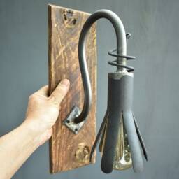 Rustic Wall Lamp, Wood & Forged Iron Light, Farmhouse Sconce - thumbnail 4