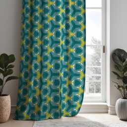 Teal Geometric Retro Curtains, Mid-Century Modern Pattern Drapes, Abstract Window Panels - thumbnail 4