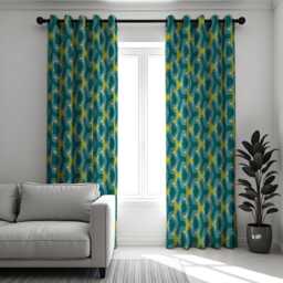 Teal Geometric Retro Curtains, Mid-Century Modern Pattern Drapes, Abstract Window Panels - thumbnail 3
