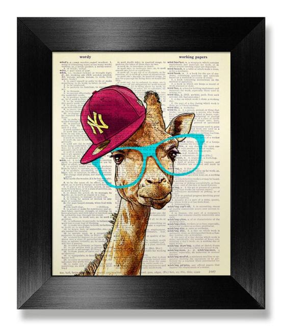 Geekery Giraffe Nursery Wall Art Print, College Dorm Decor, Teen Boy Room Geek Gift Man, Blue Glasses, Cap Hat, Giraffe Illustration