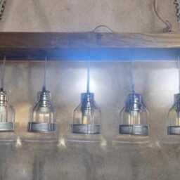 Rustic Handmade Reclaimed Wooden Beam Light With Industrial Metal Shades & Copper Effect Bulb Holders, Kitchen Island/ Dinning Chandelier - thumbnail 2
