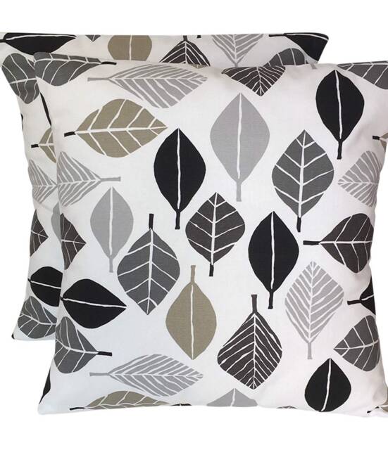 Leaf Print Cushion Covers Handmade Graphite Grey Cotton - Set Of 2 - image 1