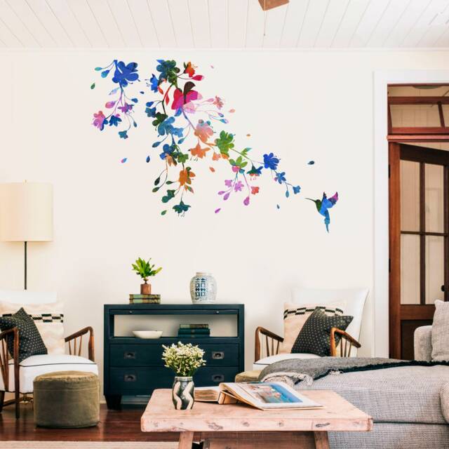 Hummingbird Sticker - Floral Watercolor Wall Art Decal Colorful Home Design Skuhum - image 1