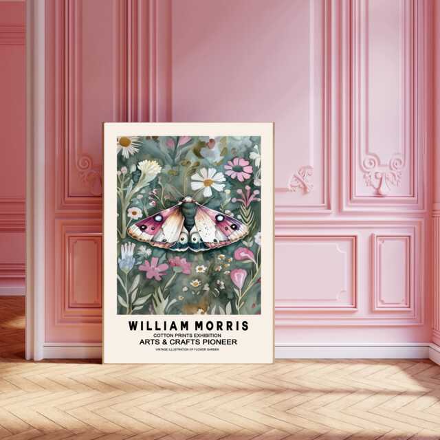 William Morris Butterfly Art Print, Flowers, Flower Botanical Wall Decor, Pink Print - image 1
