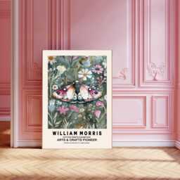 William Morris Butterfly Art Print, Flowers, Flower Botanical Wall Decor, Pink Print - thumbnail 1