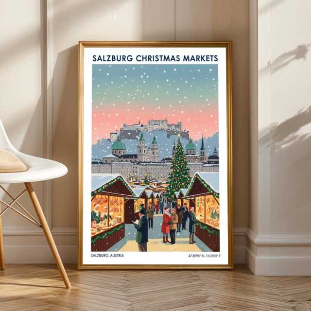 Salzburg Christmas Markets Art - Snowman Poster Winter Wall Vintage Festive Holiday Print - image 1