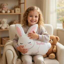 Personalized Rabbit Pillow, Animal Kids Name Nursery Decor Baby Shower Shaped Girl - thumbnail 1