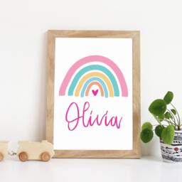 Girls Nursery Print, Rainbow Prints, Name Bedroom Decor, Pink Wall Art - thumbnail 1