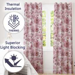 Vintage Monochrome Floral Roses Peonies & Daisies Seamless Pattern Readymade Eyelet Ring Top Thermal 100% Blackout Curtains - thumbnail 3