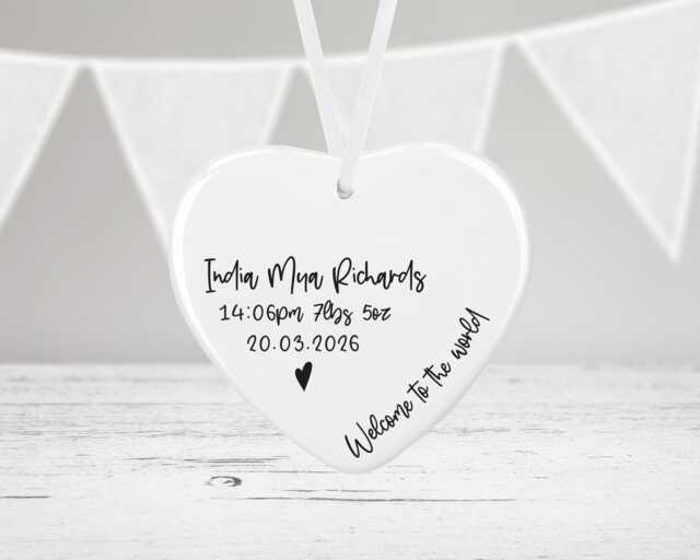 Personalised Baby Gift - Bauble Ceramic Decoration Keepsake Plaque Newborn Welcome To World Heart
