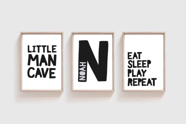 3 Boys Nursery Prints, Little Man Cave, Monochrome Name Print, Wall Art, Bedroom Decor, Art - image 1