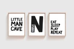 3 Boys Nursery Prints, Little Man Cave, Monochrome Name Print, Wall Art, Bedroom Decor, Art - thumbnail 1