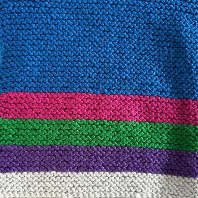 Hand Knitted Blanket in Gender-Neutral Colours Of Royal Blue With Grey, Purple, Pink & Green Stripes - Baby Shower New Gift - image 1